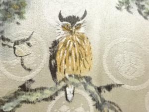 アンティーク　寺塔風景にフクロウ模様肩裏紋付羽二重男物羽織